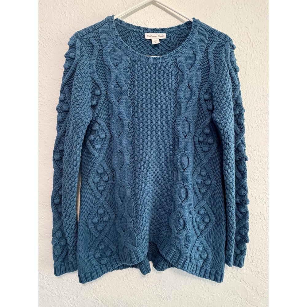 Coldwater Creek Cable Knit Bobble Sweater Blue Cotton Blend Crew Neck M